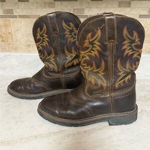 Justin Boots Brown Leather Men's Boots with Yellow and Red Embroidery